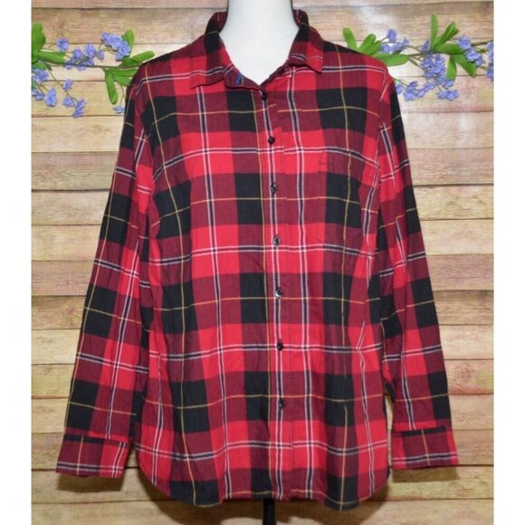 NWT St. John's Bay Ladies Red Plaid Button Front Classic Shirt Top Size 0X - Picture 1 of 11